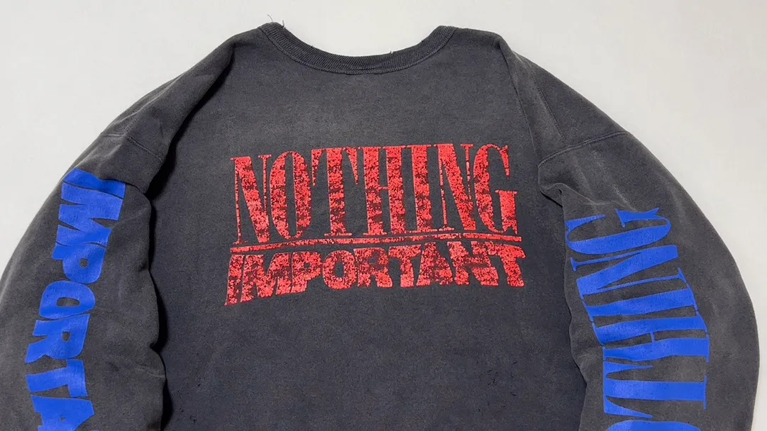 SAINT Mxxxxxx × Kosuke Kawamura KK_CRW SWT/NOTHNG IMP/BLK joint model Holy Infant Tadpole retro distressed sweatshirt, washed black S-XL Assute dyeing, genuine whole garment sprayed with horsetail fading process, collar/cuffs frayed in many places, front and rear panels/sleeves super complicated hanging grinding, heavy washing and distressing, correct fruit mark/angel mark